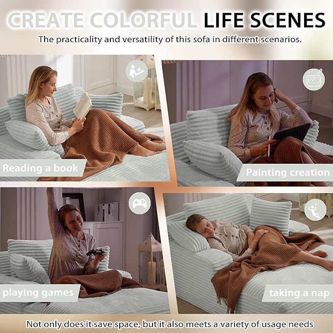 Boneless Couch Sofa Chiar Chaise Lounge Chair Indoor Upholstered Corduroy Couch Cloud Sleeper Sofa Oversized Reading Chair for Living Room No Assembly Required (Light Grey, 50" W x 67" D)