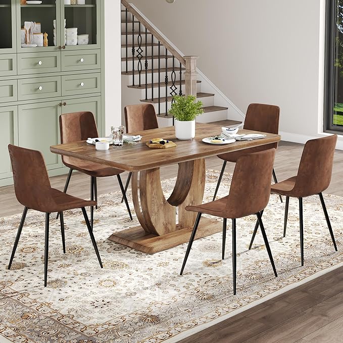Wooden Dining Table Set for 6, 63" Rectangular Kitchen Table with Upholstered Chairs, Modern Dining Room Furniture with Faux Leather Seating and Sturdy Metal Legs, Brown Farmhouse Table Set
