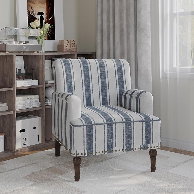 Modern Accent Chair with Arms,Mid Century Stripe Armchair for Living Room,Comfy Linen Fabric Single Sofa for Apartment Bedroom,Comfortable Cushioned Seat for Reading Home Office-Dark Blue Stripe