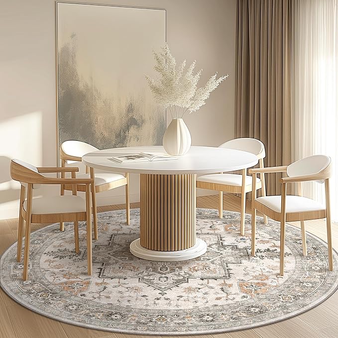 GENIMO 4FT Round Area Rugs for Living Room, Circle Rugs Machine Washable Low Pile, Chenille Non Slip Vintage Rug for Bedroom, Dining Room, Home Office, Light Taupe Brown