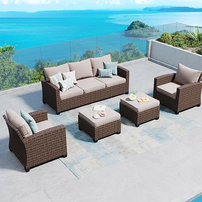 Patio Furniture Set Outdoor Furniture Brown Wicker Rattan Patio Conversation Sets with Cushion Outside Sofa Set,5 Pieces 7 Seats,Beige