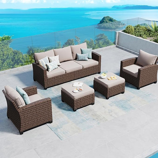 Patio Furniture Set Outdoor Furniture Brown Wicker Rattan Patio Conversation Sets with Cushion Outside Sofa Set,5 Pieces 7 Seats,Beige