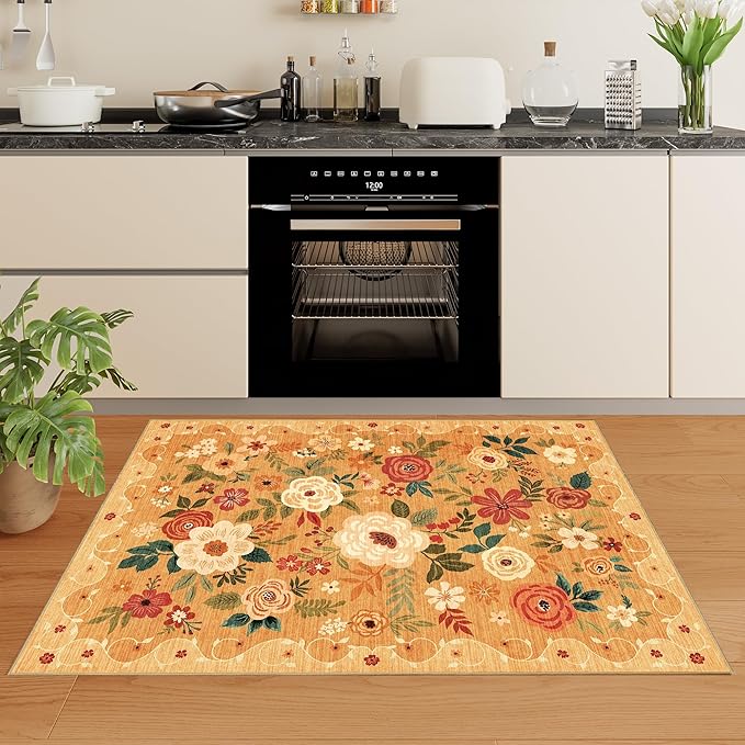 DUKINO 4x6 Area Rug, Lightweight Non Slip Washable Floral Rug, Indoor Low Pile & Non-Shedding Boho Design Rugs for Bedroom, Living Room, Dining Room, Orange