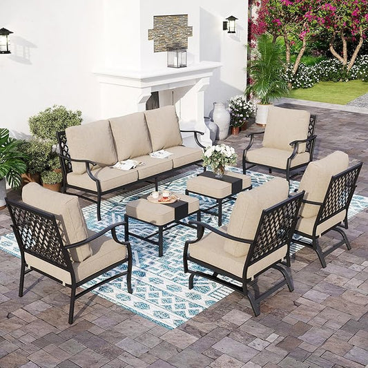 Patio Furniture Set, Modern Metal Outdoor Patio Furniture, 3 Seater Sofa, 2 Fixed Chairs, 2 Rocking Chairs, 2 Ottomans and 5.75" Extra Thick Cushion, Patio Conversation Set for Garden