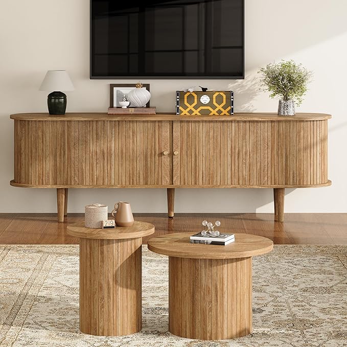 3-Piece Mid Century Modern Living Room Table Set, 70" TV Stand with Tambour Door, Nesting Round Coffee Table Set of 2, Wood Slats Entertainment Center with Storage, Natural Oak