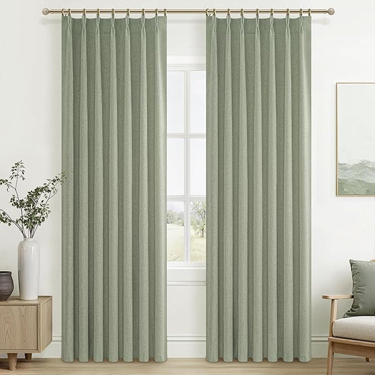 Sage Green Blackout Linen Curtains 90 Inches Long for Living Room Bedroom, Pinch Pleated Boho Light Drapes Viral Window Curtain with Pinch Pleat Clips Thermal Insulated (40"Wx90"Lx2Panels Sage)