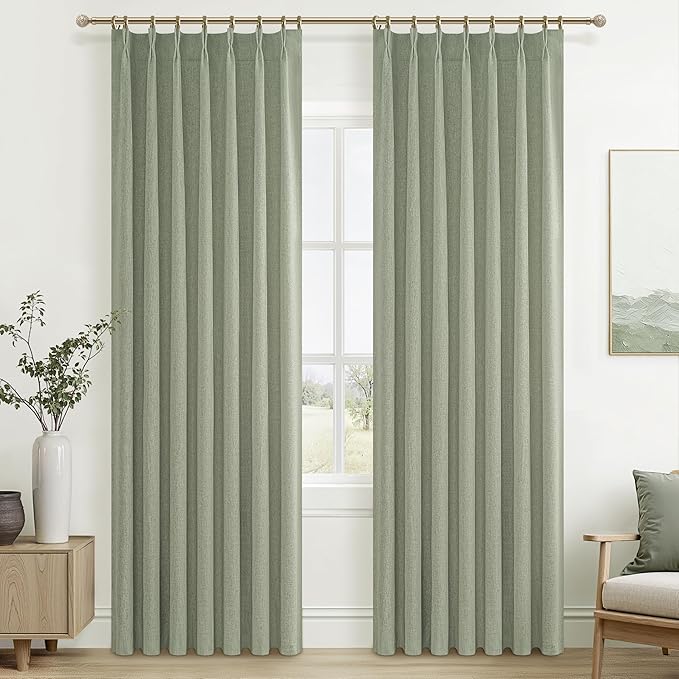 Sage Green Blackout Linen Curtains 84 Inches Long for Living Room Bedroom, Pinch Pleated Boho Light Drapes Viral Window Curtain with Pinch Pleat Clips Thermal Insulated (40"Wx84"Lx2Panels Sage)