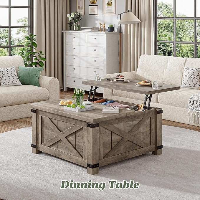 EnHomee Lift Top Coffee Table with Storage, 36" Farmhouse Coffee Tables for Living Room, Square Coffee Table with Large Hidden Space, for Living Room, Bedroom, Home Office, Oak Grey