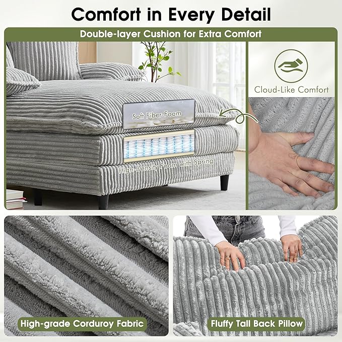 55" W Oversized Chaise Lounge Sofa Couch with 5-Position Adjustable Backrest, Corduroy Sleeper Chair Sofa Bed, Reading Chair ‌with Deep Seat, Cloud Couches for Living Room, Bedroom, Grey