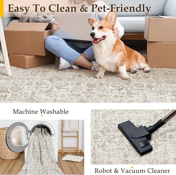 Taupe Area Rug 3x5 Office Entryway Rug Machine Washable Kitchen Vintage Distressed Non Slip Carpet Indoor Retro Floral Accent Throw Door Mat for Bathroom Bedroom Dining Living Room