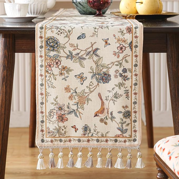Designer Linen Table Runner 118 Inches Extra Long,Elegant Floral Bird Pattern Table Runners for Dining Room,Farmhouse Rustic Kitchen Decor,Thanksgiving,Christmas,12"*118"-Cornucopia