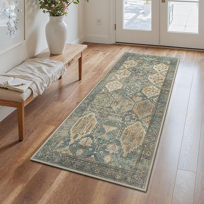 GENIMO 2x5 Runner Rugs for Hallway, Machine Washable Non Slip Vintage Rugs, Low Pile Lightweight Soft Print Rug for enrtyway, Corridor, Home Office, Kitchen, Sage Teal