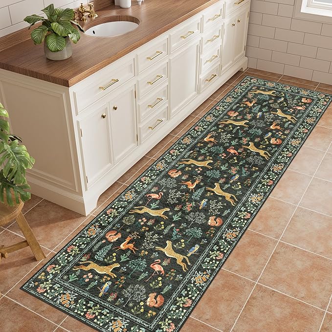 DUKINO 2x6 Rug for Hallway, Washable Kitchen Runner Rug with Non Slip Backing, Soft Low Pile Vintage Animal Runner for Bedroom, Kitchen, Hallway, Entryway, Laundry, Black