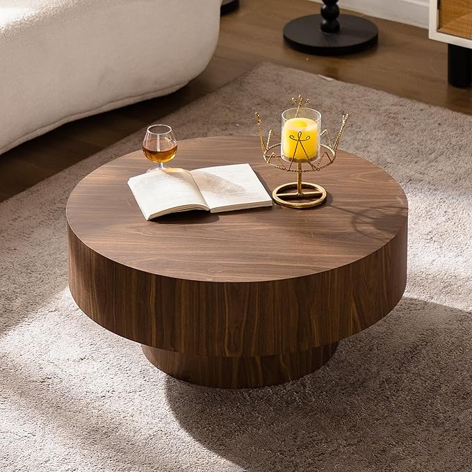 31.51" Round Coffee Table, Mid Century Modern Accent Coffee Tables, Circle Wooden Centre End Table for Living Room Home Furniture - Walnut
