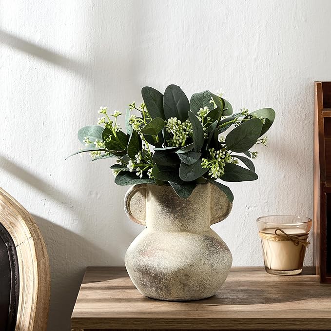 Antique Ceramic Vase with 2 Handles, 6.1 Inch Farmhouse Rustic Vase, Small Decorative Pottery Flower Vases for Home Decor, Wedding, Living Room, Table, Shelf Decor, Terra