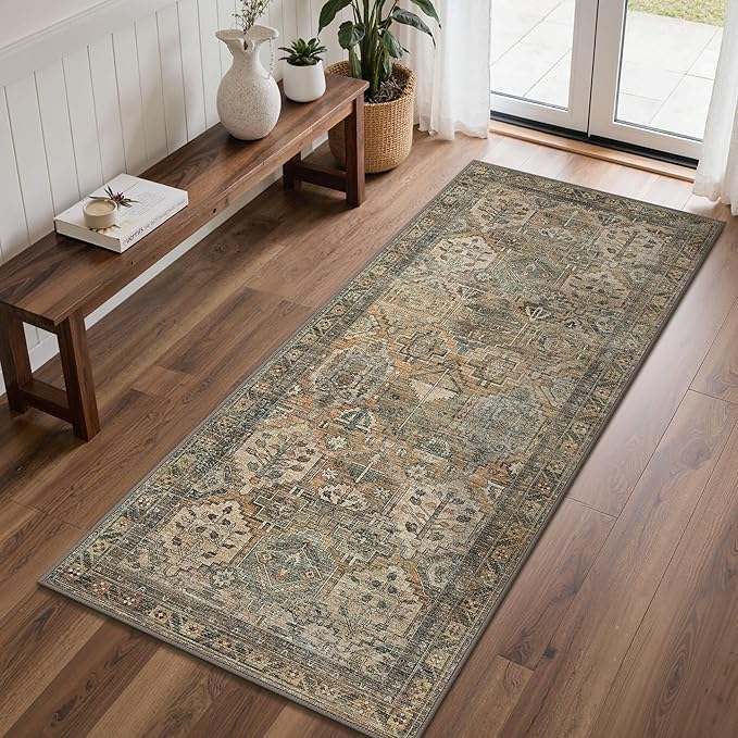 GENIMO 2x6 Runner Rugs for Hallway, Machine Washable Non Slip Vintage Rugs, Low Pile Lightweight Soft Print Rug for enrtyway, Corridor, Home Office, Kitchen, Warm Taupe