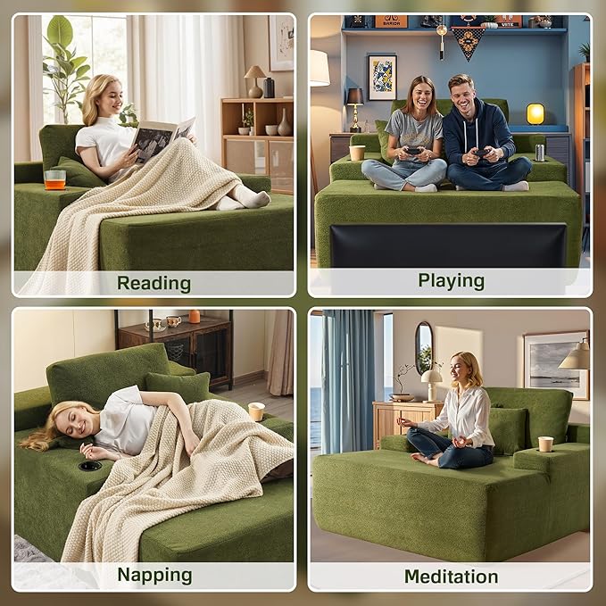 Chaise Lounge Chair Indoor, 67" Oversized Comfy Cloud Velvet Sleeper Sofa Bed with Cup Holders and Wide Armrests, Boneless Upholstered Recliner Bed, Modern Cloud Couch for Living Room, Green