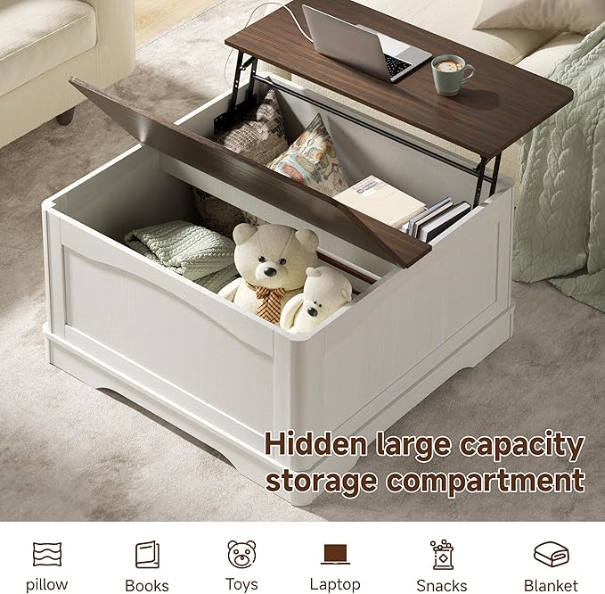 35" Farmhouse Lift Top Coffee Table, Wood Square Center Table with Charging Station, Rounded Edge Table with Hidden Storage, for Living Room, Bedroom, Office, AC, USB Output, White Walnut