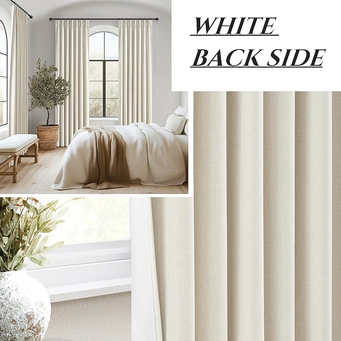 Cream Linen Curtains 120 Inches Long for Bedroom, Ceiling Mount Track Curtains with Back Tab Pinch Pleated Blackout Drapes for Sliding Glass Patio Doors Inside 10 ft Large Window Farmhouse 2 Panels