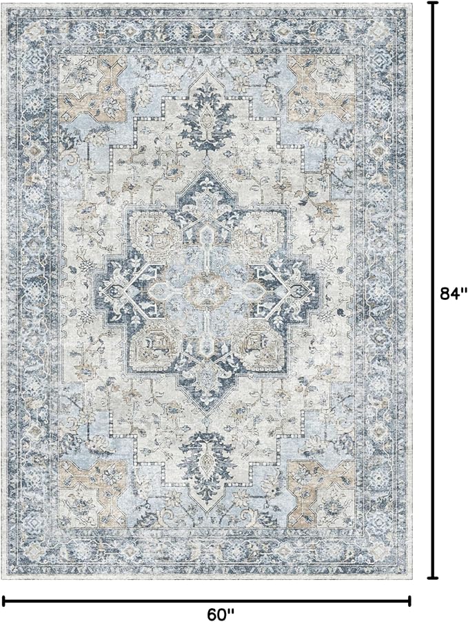 GENIMO 5x7 Area Rugs for Living Room, Machine Washable Rug, Non Slip Vintage Rugs, Low Pile Lightweight Chenille Print Indoor Rug for Bedroom, Dining Room, Home Office, Blue