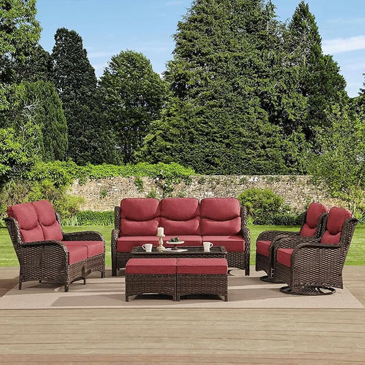 HILLGA Luxury High Back Patio Furniture Set with 6-Inch Thick Cushion, 7-Piece Outdoor Conversation Set with Sofa, Swivel Rocker Chairs & Ottomans, Ideal for Porch Pool Deck Yard (Burgundy)