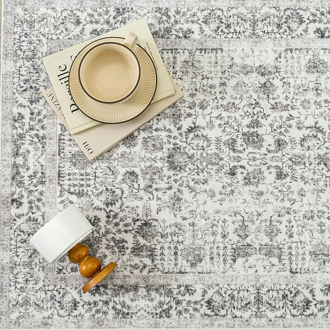 Black Area Rug 5x7 Machine Washable Vintage Living Room Distressed Non Slip Carpet Traditional Indoor Bedroom Retro Floral Accent Throw Large Rug Office Kitchen Bathroom Dining Room