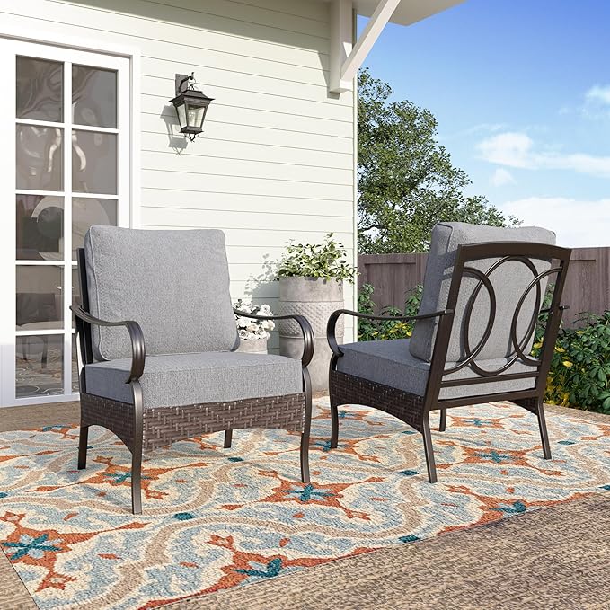 PHI VILLA Outdoor Wicker Chairs Sofa of 2, All Weather High Back Rattan Chairs 2 Seats with Comfy Cushions for Porch Deck