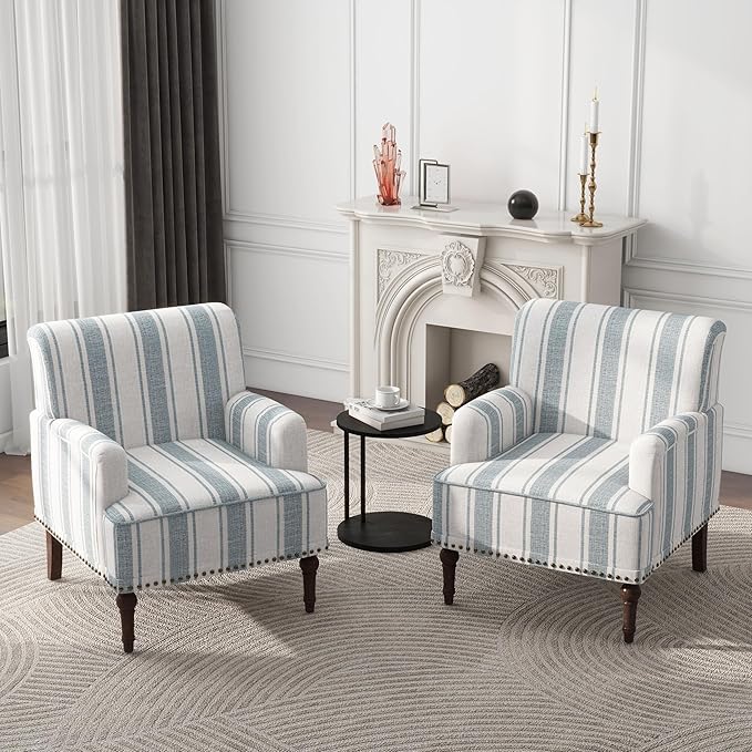 Modern Accent Chair with Arms,2 Set Mid Century Stripe Armchair for Living Room,Comfy Linen Fabric Single Sofa for Apartment Bedroom,Comfortable Cushioned Seat for Reading Home Office-Blue Stripe