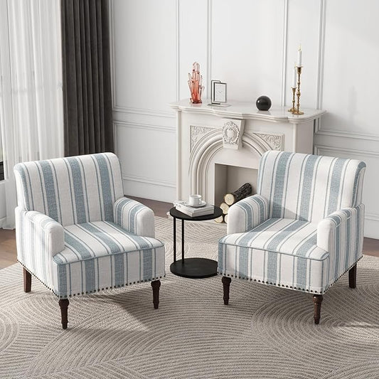 Modern Accent Chair with Arms,2 Set Mid Century Stripe Armchair for Living Room,Comfy Linen Fabric Single Sofa for Apartment Bedroom,Comfortable Cushioned Seat for Reading Home Office-Blue Stripe