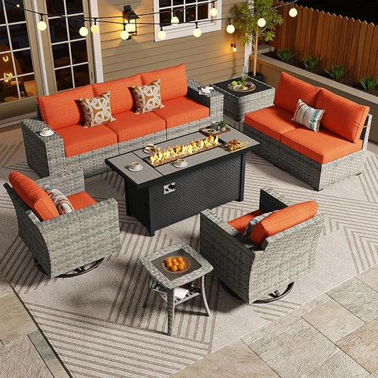 ovios 10 Pieces Patio Furniture Set, Outdoor Wicker Sectional Sofa with 54" Fire Pit Table Swivel Chairs, Modern Modular Deep Seat Rattan Couch Conversation Sets, Orange Red