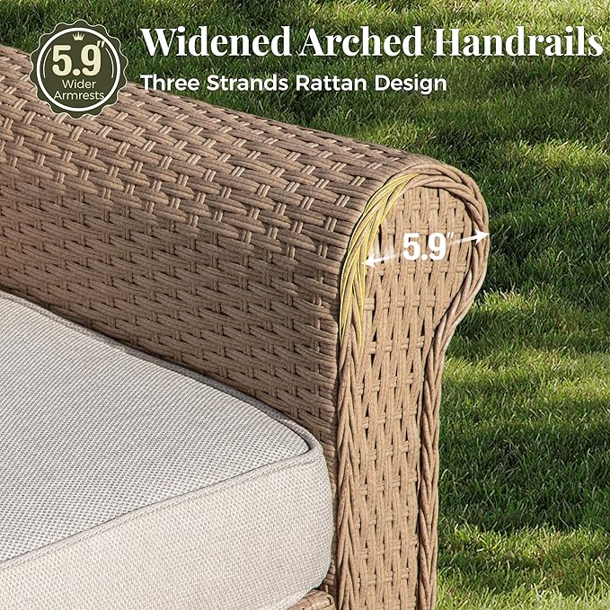 Patio Furniture Set 6 pcs, Wicker Outdoor Patio Furniture, 3-Seat Sofa, 4 Single Chairs and 56" Gas Fire Pit Table, Rattan Patio Conversation Set for Backyard Deck, Beige