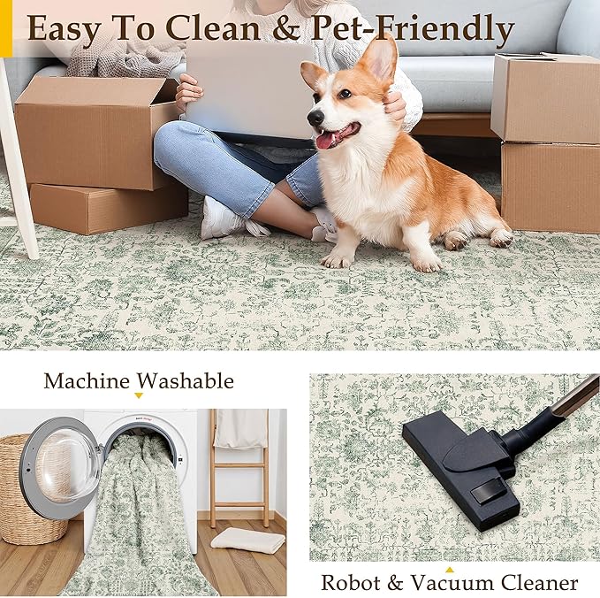 Sage Green Area Rug 3x4 Washable Office Entryway Carpet Vintage Distressed Non Slip Kitchen Indoor Entry Neutral Low Pile Retro Floral Farmhouse Throw Mat for Laundry Dining Room Bedroom