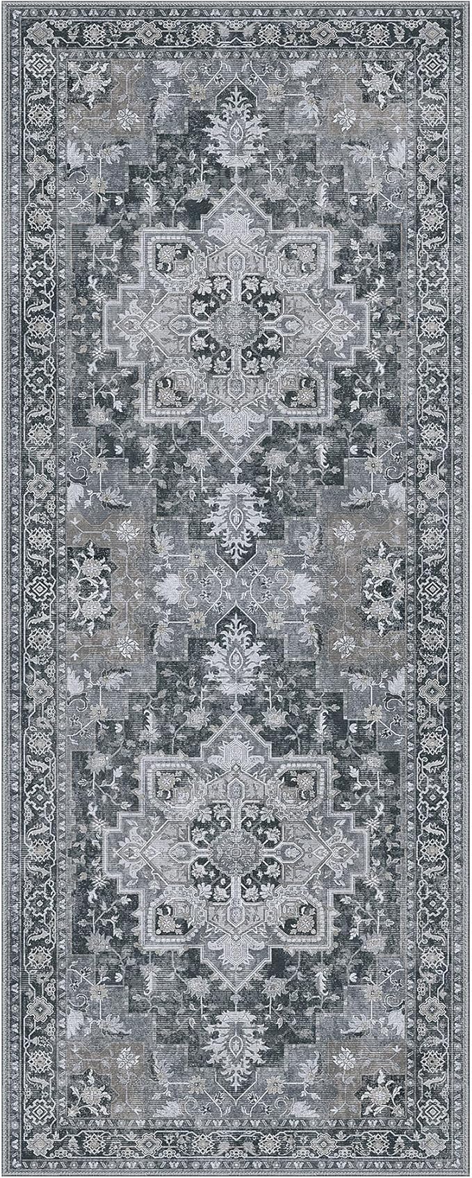 GENIMO 2'6''x12 Runner Rugs for Hallway, Machine Washable Non Slip Vintage Rugs, Low Pile Lightweight Soft Print Rug for enrtyway, Corridor, Home Office, Kitchen,Dark Gray