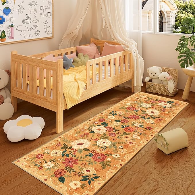 DUKINO Runner Rug, 2.6x8 Kitchen Rug for Hallway with Non Slip Backing, Washable Low Pile Soft Boho Floral Runner Carpet for Hallway, Kitchen, Entryway, Laundry, Bedroom, Orange