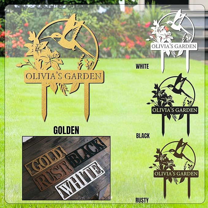 Custom Metal Garden Sign, Personalized Name Sign for Garden, Hummingbird Yard Decor, Outdoor Yard Stakes, Gifts for Plant Lovers