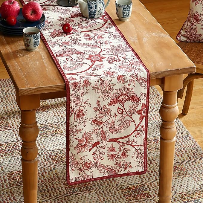 ISAENNE Designer Chinoiserie Elegant Linen Extra Long Table Runner 118 Inches,Red Floral Pattern Decor Table Runners for Thanksgiving,Dining Room,Banquet,Kitchen Tables,Christmas,12"*118"-Ruyi A