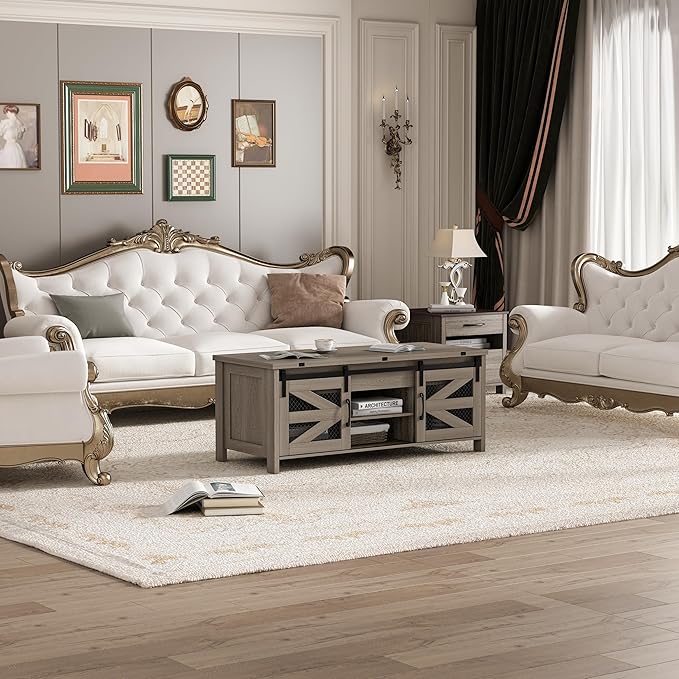 47.2" Lift Top Coffee Table, 4 in 1 Farmhouse Coffee Table with Storage and Sliding Barn Doors, Coffee Tables for Living Room, Dining Room (Grey)