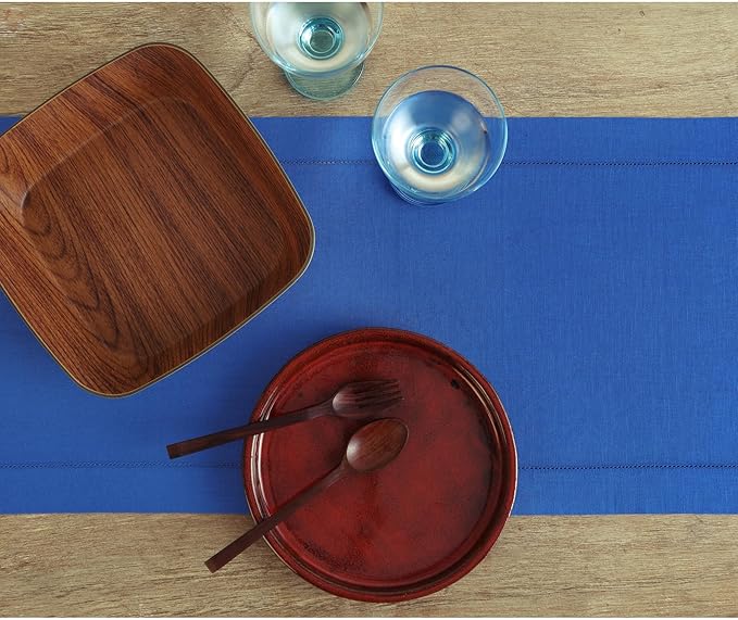 Solino Home Linen Royal Blue Table Runner 90 Inches Long - 100% Pure Linen 14 x 90 Inch Table Runner for Christmas - Classic Hemstitch