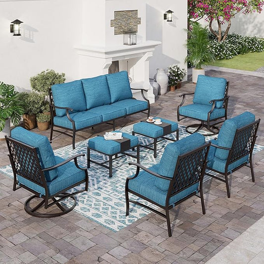 7 Piece Metal Outdoor Patio Furniture Set, Patio Conversation Sets 3-seater Sofa, 2 Fixed Chairs, 2 Swivel Chairs, 2 Ottomans with 5.75" Thick Cushion, Black Backyard Furniture, Blue-2
