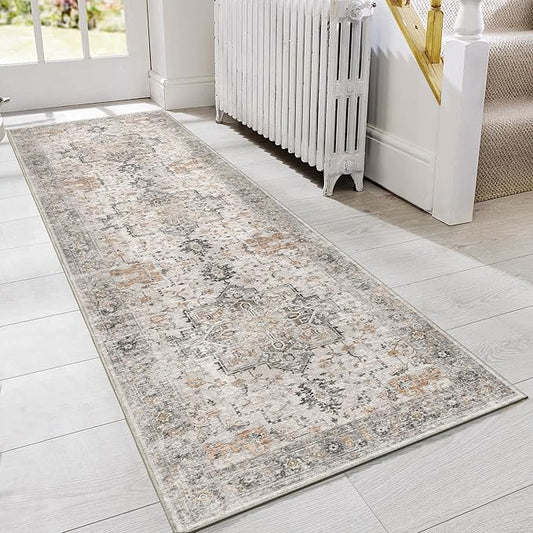 GENIMO Runner Rug 2'6''x8, Non Slip Vintage Hallway Runner Rugs, Low Pile Lightweight Machine Washable Mat for Hallway, Entryway, Bedroom, Kitchen and Corridor, Light Taupe Brown