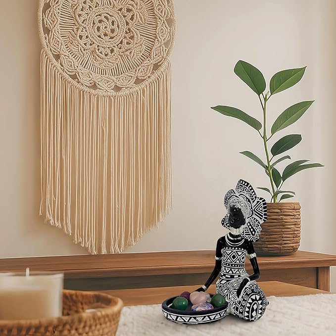African Woman Candle Holder Statue – Tribal Resin Figurine for Tea Lights or Pillar Candles, Afrocentric Boho Home Decor for Living Room, Meditation Space, Bookshelf