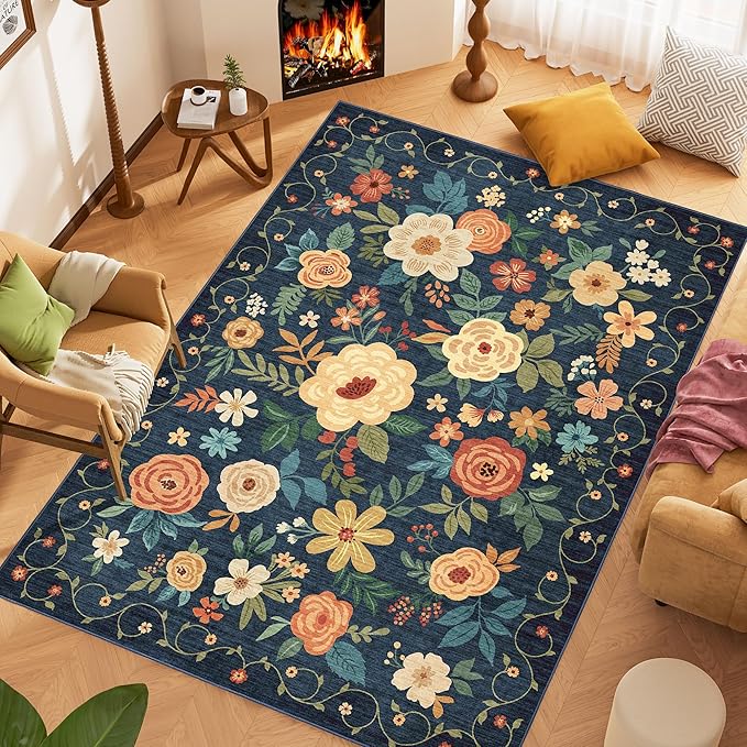 DUKINO 8x10 Area Rug, Floral Rugs for Living Room, Lightweight Non Slip Washable Rug, Indoor Low Pile & Non-Shedding Boho Design Rugs for Bedroom, Living Room, Dining Room, Dark Blue