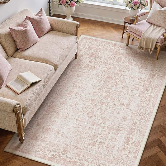 Pink Area Rug 4x6 Office Entryway Rug Machine Washable Kitchen Vintage Distressed Non Slip Carpet Indoor Retro Floral Accent Throw Door Mat for Bathroom Bedroom Dining Living Room