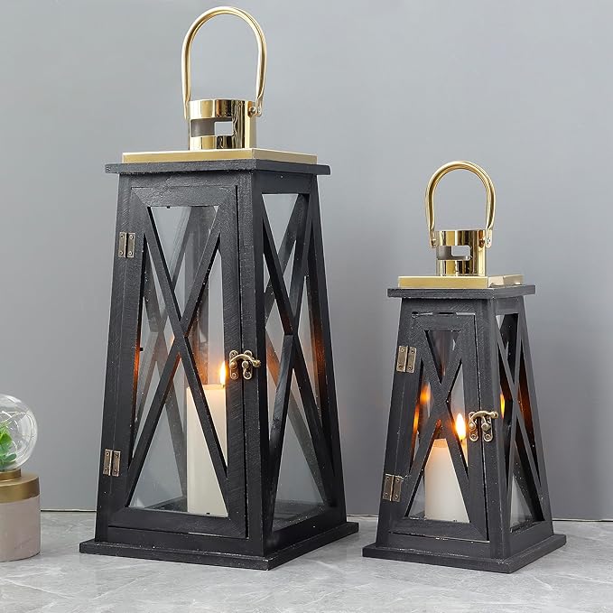 TRIROCKS Set of 2 Farmhouse Wooden Lantern 12''&18'' Metal Decorative Candle Holders with Tempered Glass Rustic Outdoor Lantern for Home Christmas Patio Wedding Parties Indoor Outdoor(Black Trapezoid)