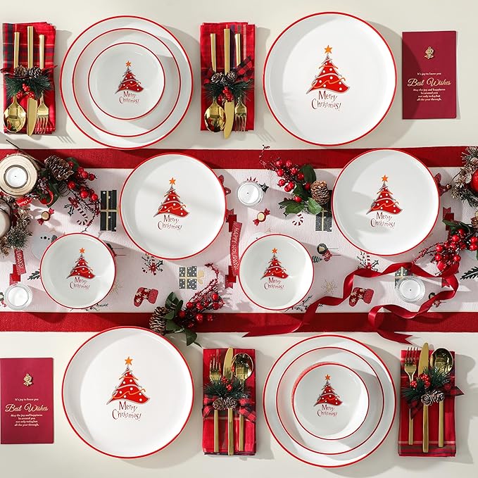 MALACASA Plates and Bowls Sets, 12 Pieces Christmas Porcelain Dinnerware Set for 4, Ceramic Dishware Dishes Kitchen Dining Ware Set, Microwave and Dishwasher Safe, Series LUNA-Christmas Tree