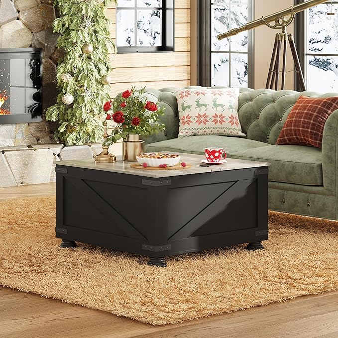 WLIVE Farmhouse Lift Top Coffee Table with Storage, 31.5" Square Center Table, Flip-Top Hidden Compartment, Wood-Grain Coffee Table for Living Room, Bedroom, Black