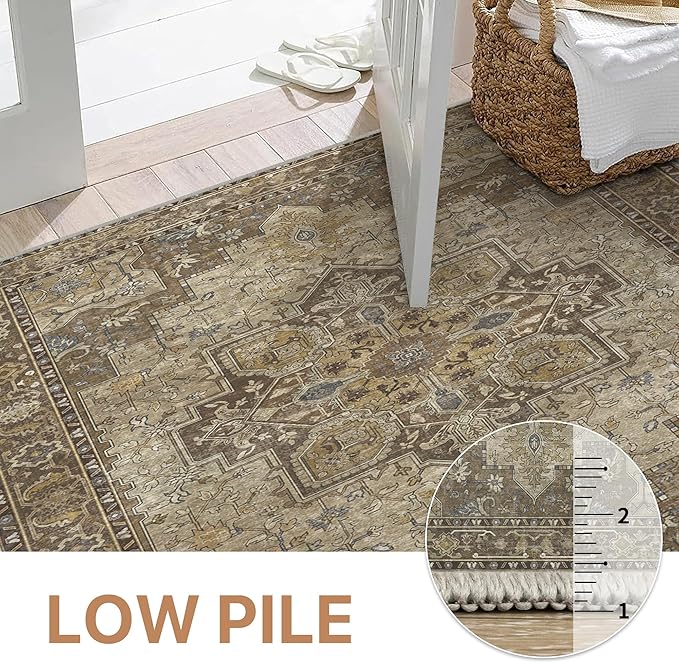 GENIMO 10x14 Area Rugs for Living Room, Machine Washable Non Slip Vintage Rugs, Low Pile Lightweight Chenille Print Rug for Bedroom, Dining Room, Home Office, Rustic Brown