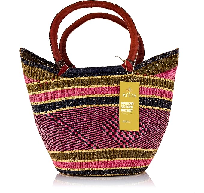 AYÉYA Handwoven African Basket – Winged Style – Wide Open Wicker Tote with Leather Handles – Unique Market or Foraging Basket – Handmade in Ghana