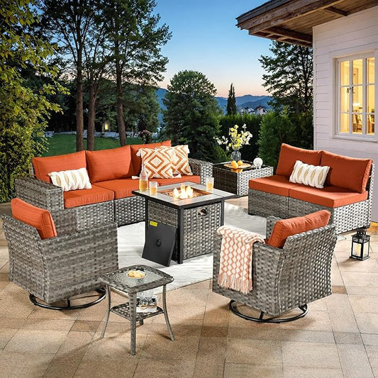 ovios 10 Pieces Patio Furniture Set, Outdoor Wicker Sectional Sofa with 30" Fire Pit Table Swivel Chairs, Modern Modular Deep Seat Rattan Couch Conversation Sets, Orange Red