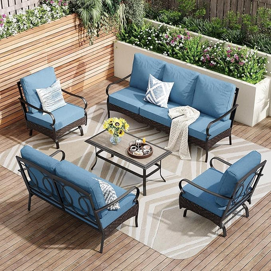 PHI VILLA Outdoor Modern Patio Furniture Set, Upgraded Wicker&Metal Patio Furniture Conversation Set with Waterproof Thick Cushions for Porch, Poolside, Deck, and Yard (5 Pieces,Navy)